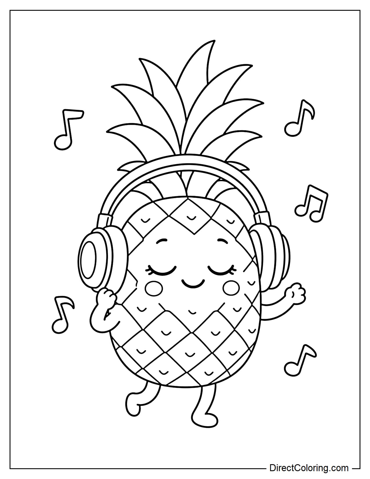 A cute pineapple is wearing large headphones, relaxing with its eyes closed and swaying to the music, surrounded by musical notes.