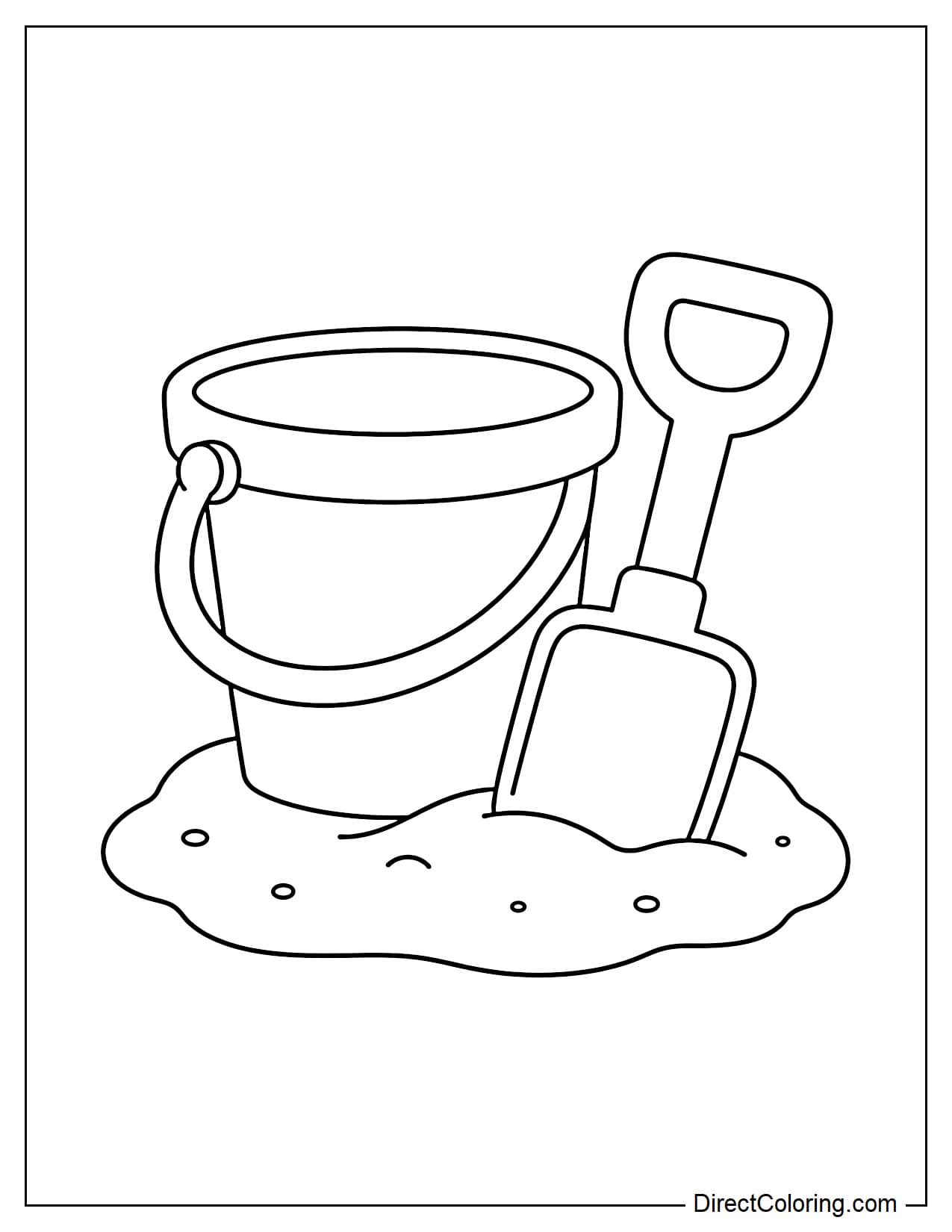 A bucket and shovel placed on the sand with a simple, rounded shape; the handle and shovel blade are clearly drawn.