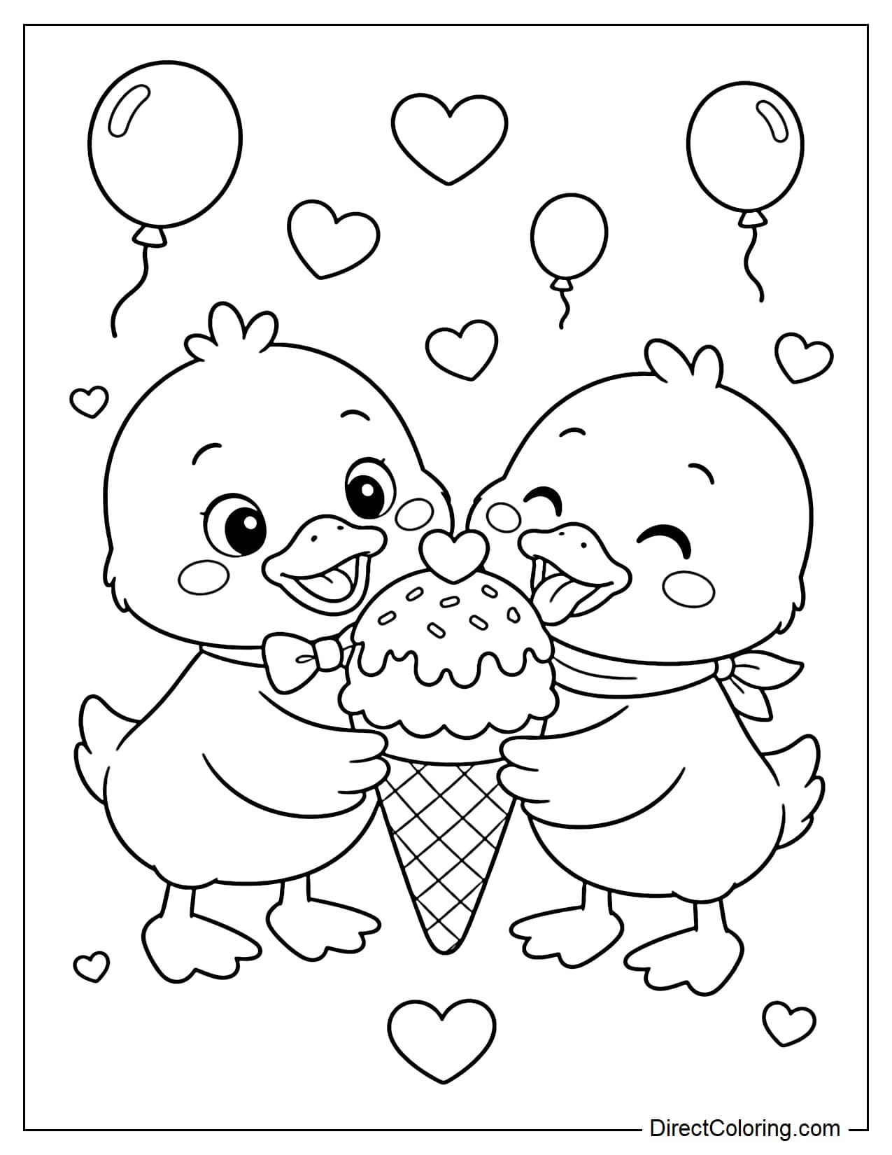 Two little ducklings are sharing a large ice cream cone with happy expressions, surrounded by small hearts and bubbles.