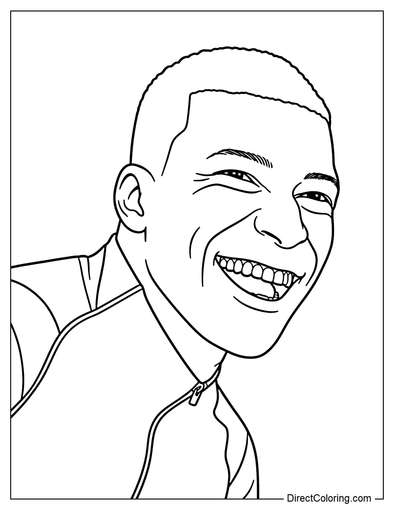 Kylian Mbappé smiling brightly, close-up shot, wearing a sports jacket, with a friendly and cheerful face.