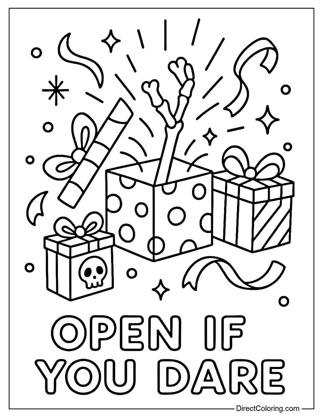 Coloring page of mysterious gift boxes that glow magically when opened, with skeleton hands, flying ribbons, and the words Open If You Dare.