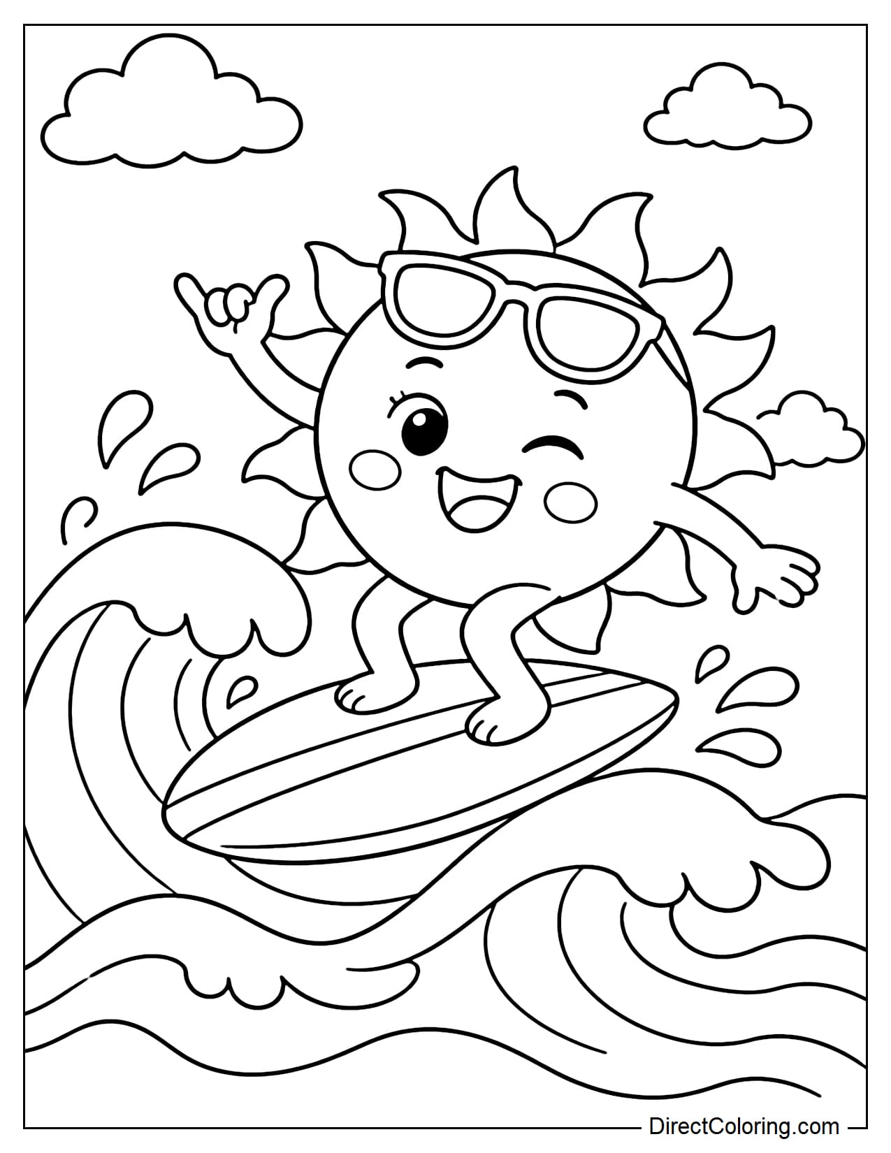 A cartoon sun is surfing on the ocean with some big waves.