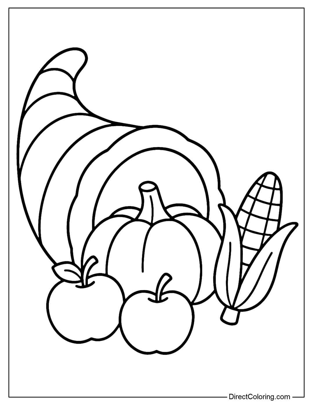 Simple Cornucopia coloring page, few details, only a few apples, pumpkins and corn, suitable for young children.