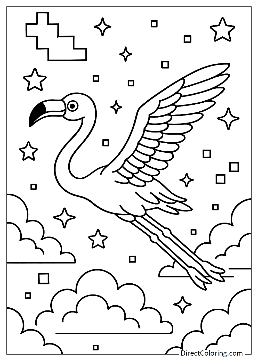 Flamingo flying among clouds and stars in virtual space coloring page
