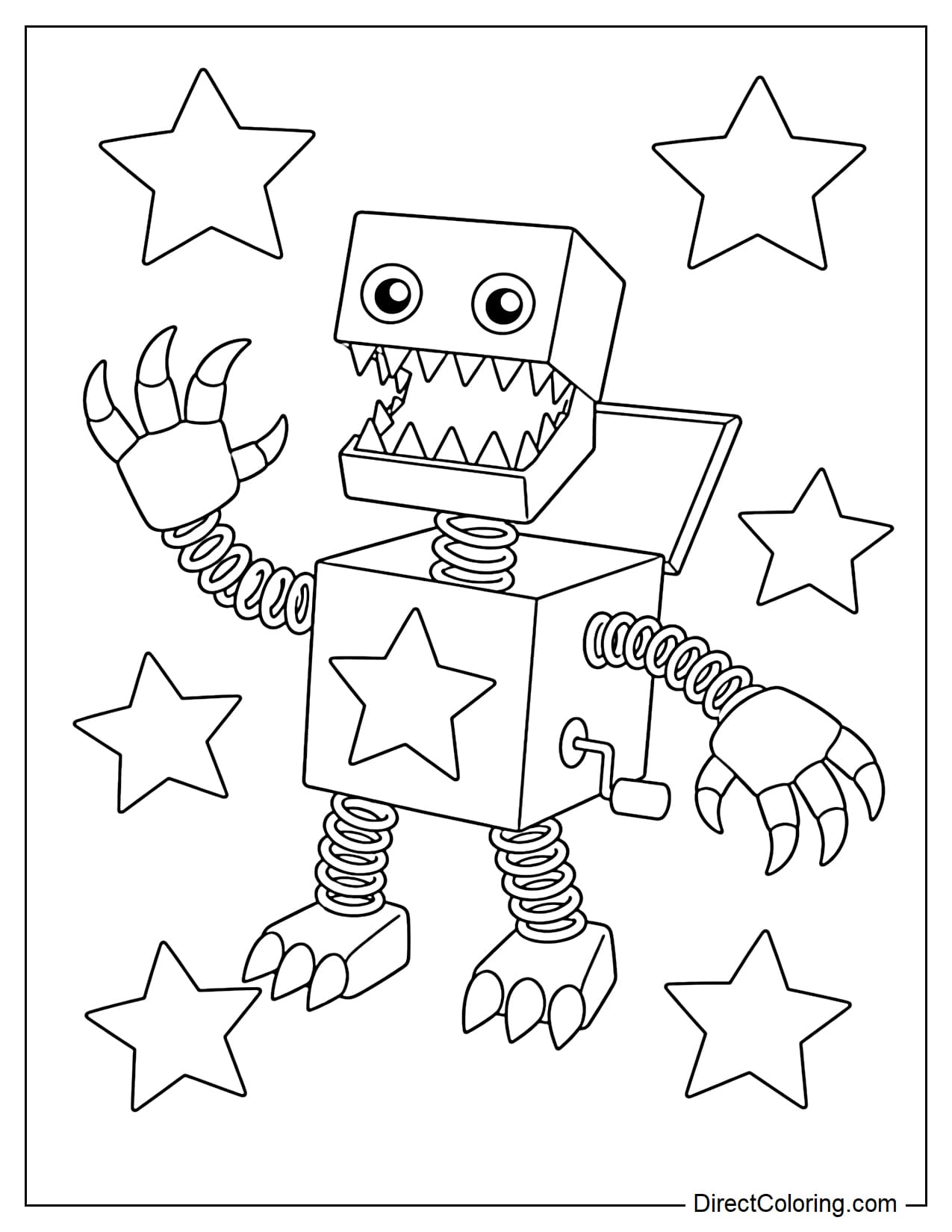 Boxy Boo from Poppy Playtime is in the center with a distinctly square body, surrounded by several stars.