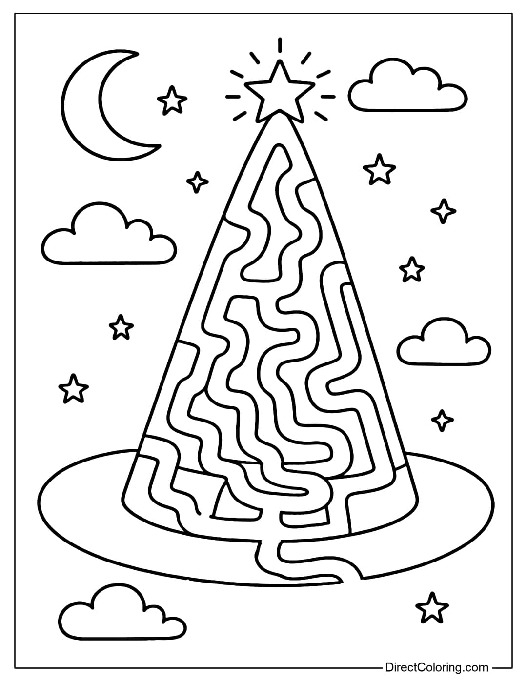 Maze coloring page in a tall pointed witch hat, entrance at the bottom brim, zigzag maze leading to the slightly curved top of the hat with a shining magical star.