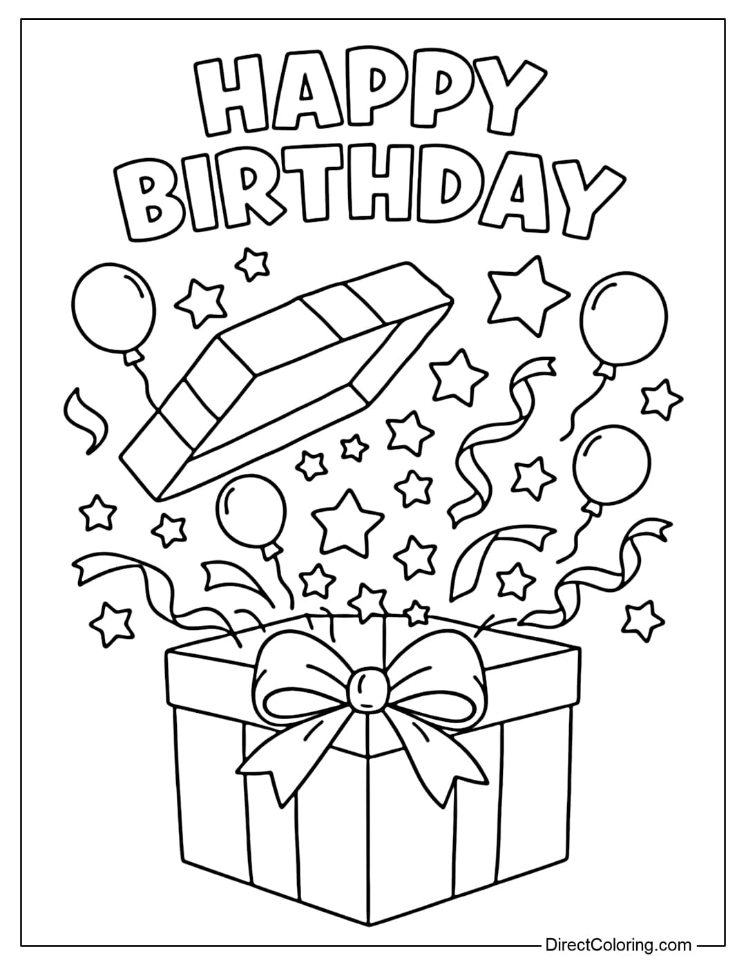 A coloring page of a large gift box with a bow, the lid opens to reveal stars, balloons, and ribbons flying out from inside, with the words HAPPY BIRTHDAY written on top.