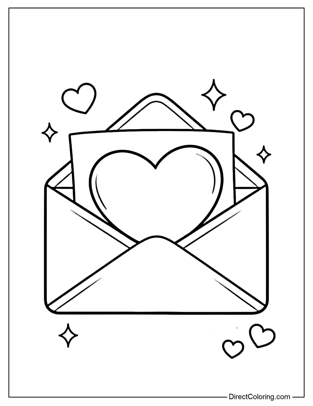 A coloring page with a love letter that opens to reveal a heart inside, perfect for Valentine's Day.