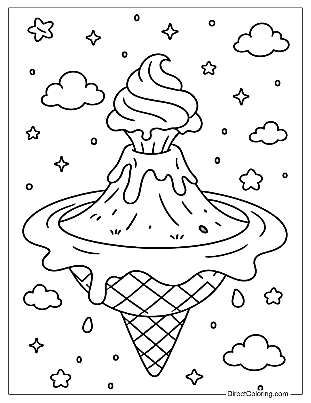 A cone ice cream planet coloring page with a volcano at the south pole erupting a stream of fluffy white cream, the drops of cream flowing out to form a smooth belt.
