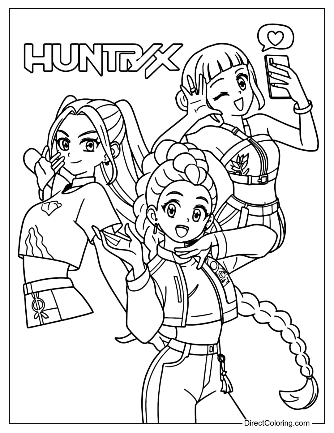 Kpop Demon Hunters Rumi, Zoey, Mira coloring page with cute, dynamic, and full of K-pop idols.