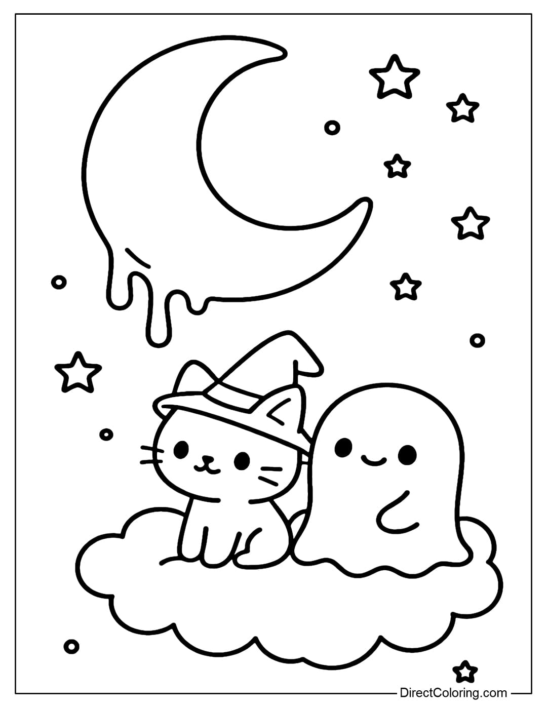 A caramel moon coloring page is melting gently in the sky, witch cat and ghost sit on cotton candy clouds watching the night scene.
