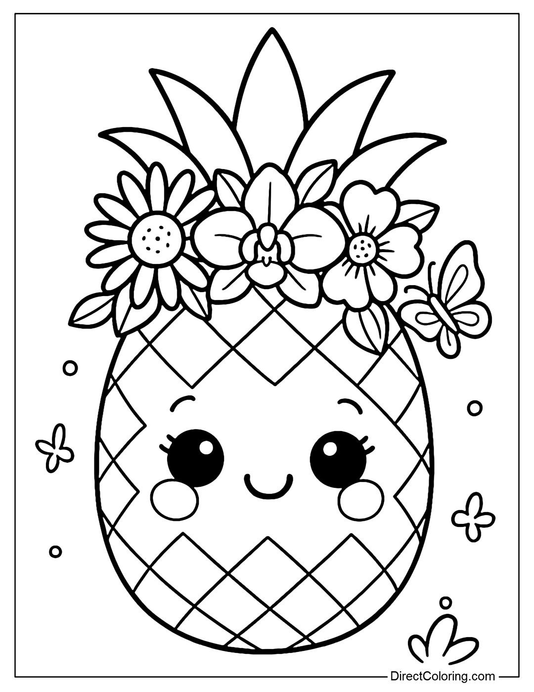 A pineapple coloring page with a crown of colorful flowers like sunflowers, orchids and butterflies perched on its side.
