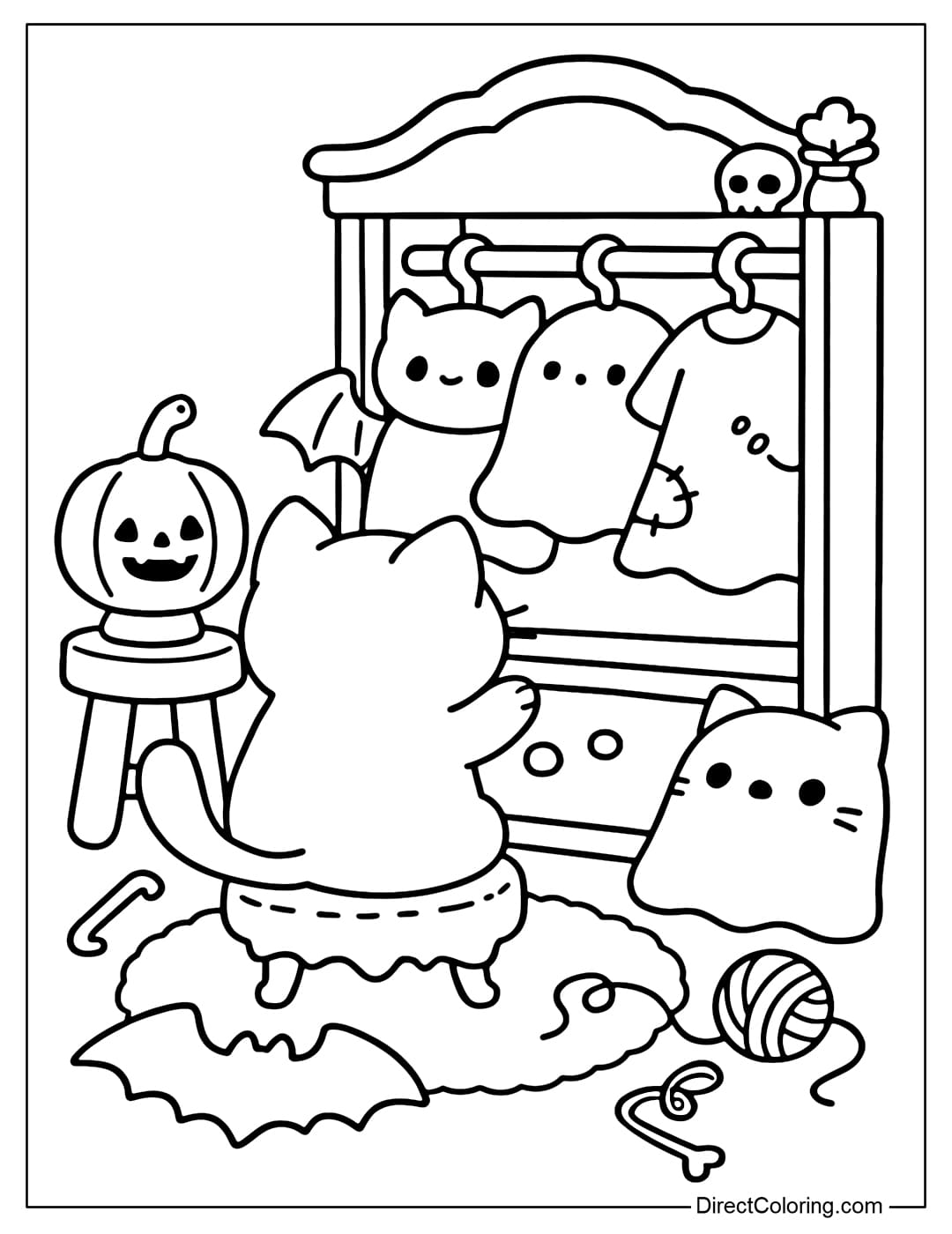 A cute little cat coloring page is sitting on a round chair with bone-shaped legs, in front of a cute little Halloween closet in a cozy room.
