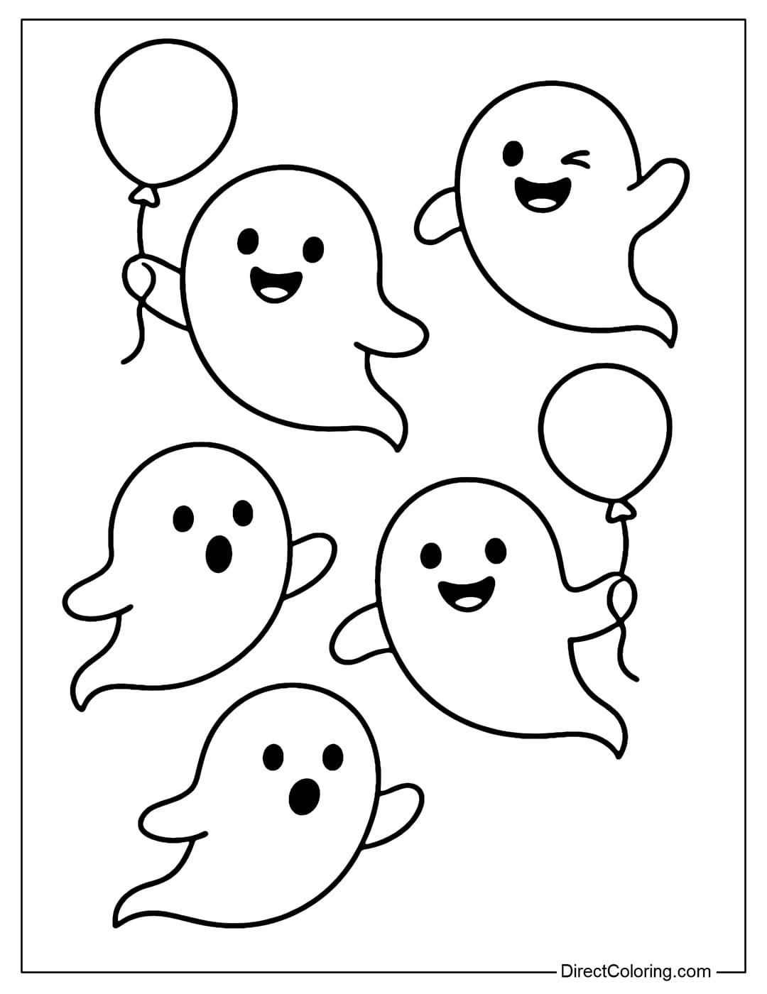 Coloring page of chubby ghosts floating, funny expressions, some ghosts are holding balloons.