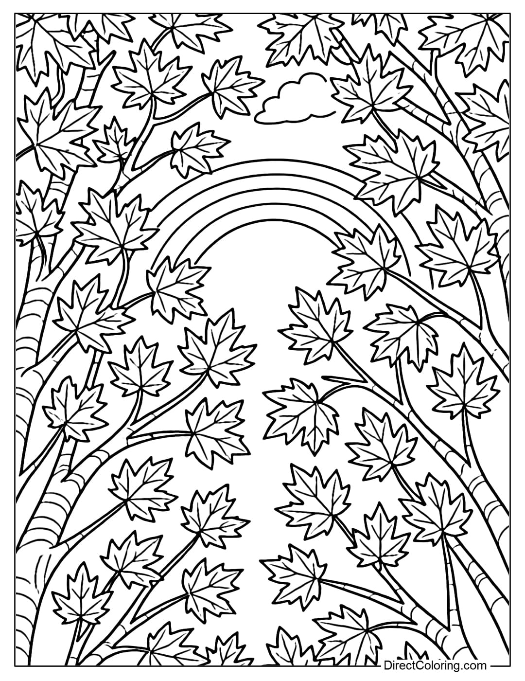 The coloring page looks up from the autumn forest, the large curved tree trunk near the eyes, the red-orange-yellow leaves shimmer in the sunlight.