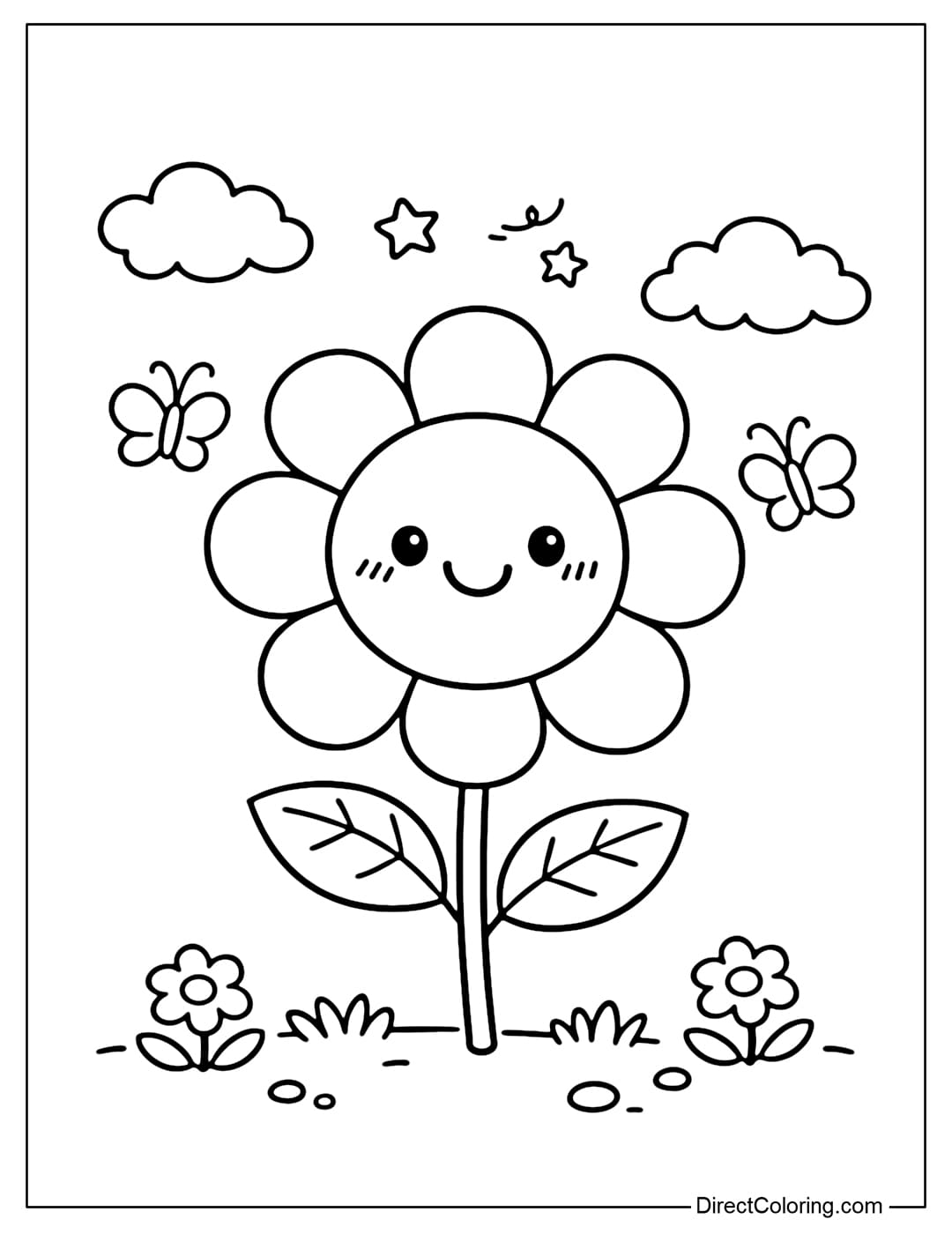 A simple flower coloring page with evenly rounded petals and a cute smiling face in the center.