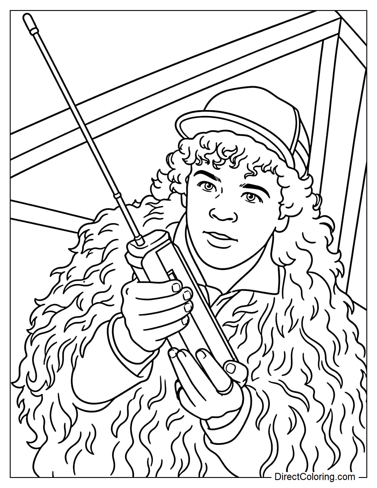 Dustin holds a walkie-talkie with its long antenna while wearing his signature cap and a warm jacket in Stranger Things.