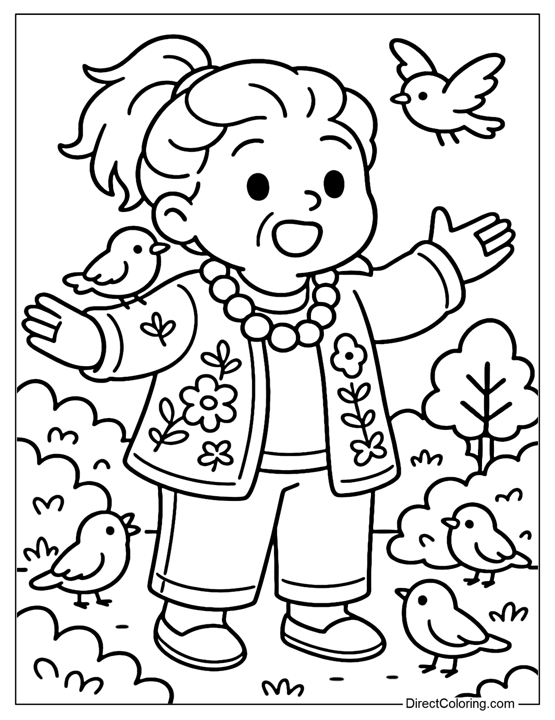 Coloring Page Grandma spreads her arms in the middle of the garden, birds are chirping around her, some are perched on her shoulders.