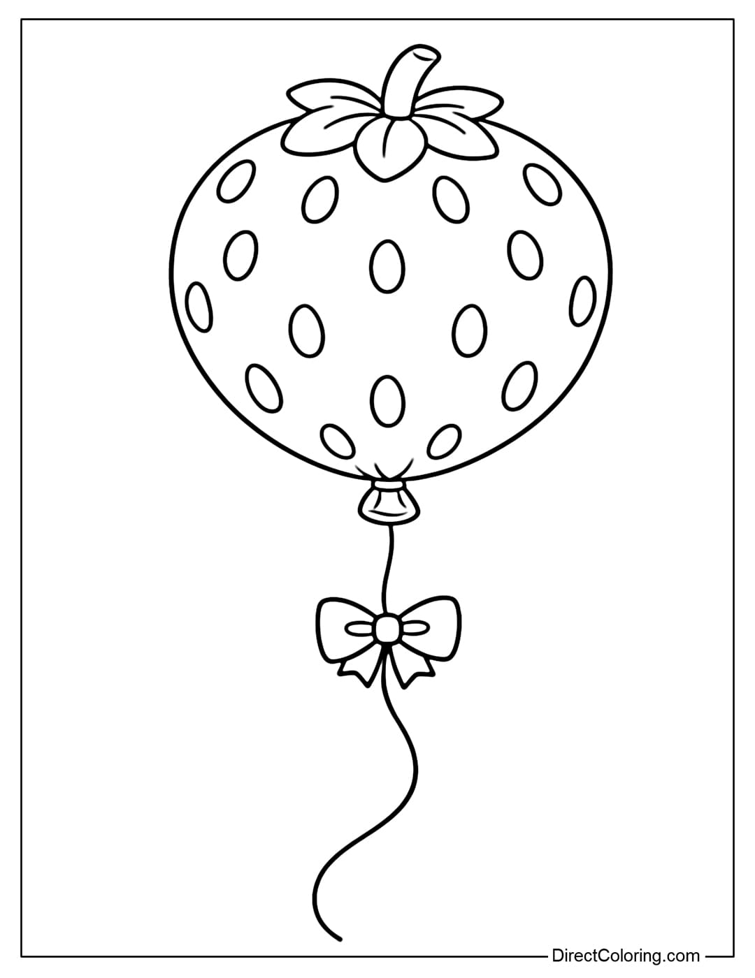 Coloring page for a balloon shaped like a strawberry with a soft round shape, large seeds, and a small leaf stem on top.