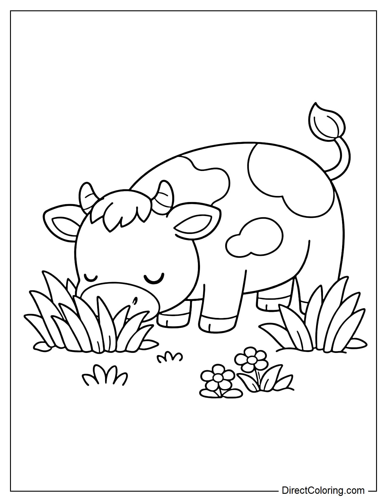A cow is bending down to eat grass with large, clearly defined clumps of grass that are easy to color.
