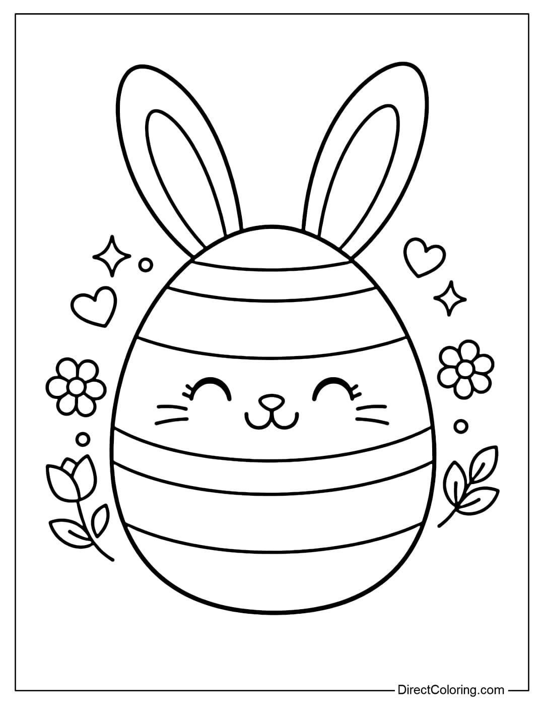 A coloring page of an Easter egg with bunny ears on its head, featuring large, adorable horizontal stripes.