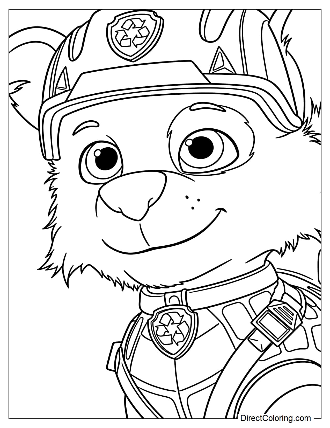 Rocky smiles confidently in his Dino Movie recycling gear, wearing his helmet and recycle badge with a simple jungle background.