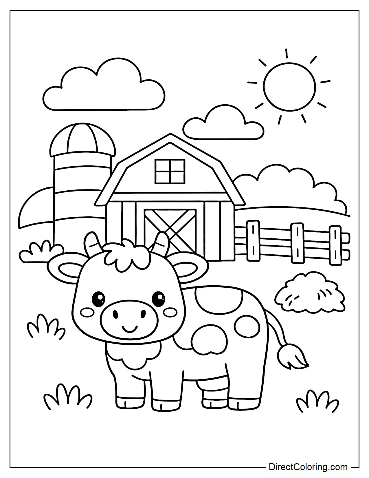 A cow stands in front of a simple barn with large geometric shapes behind it.