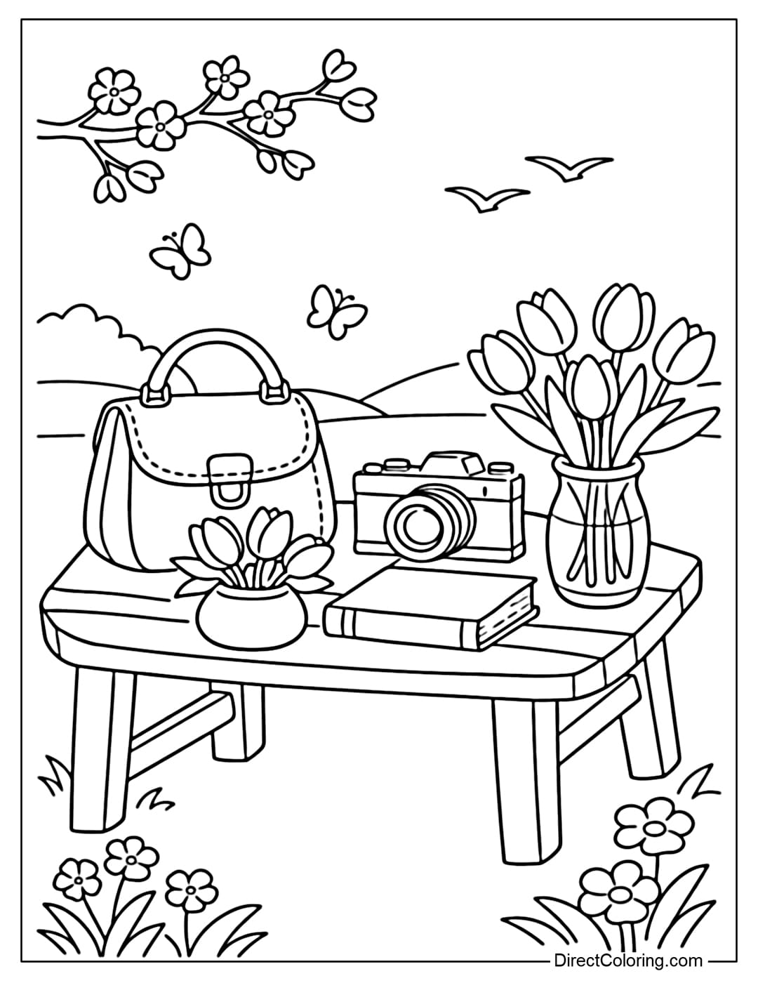 Coloring page of a small wooden table in a spring setting, on which are a handbag, camera, books, and vases of spring tulips.