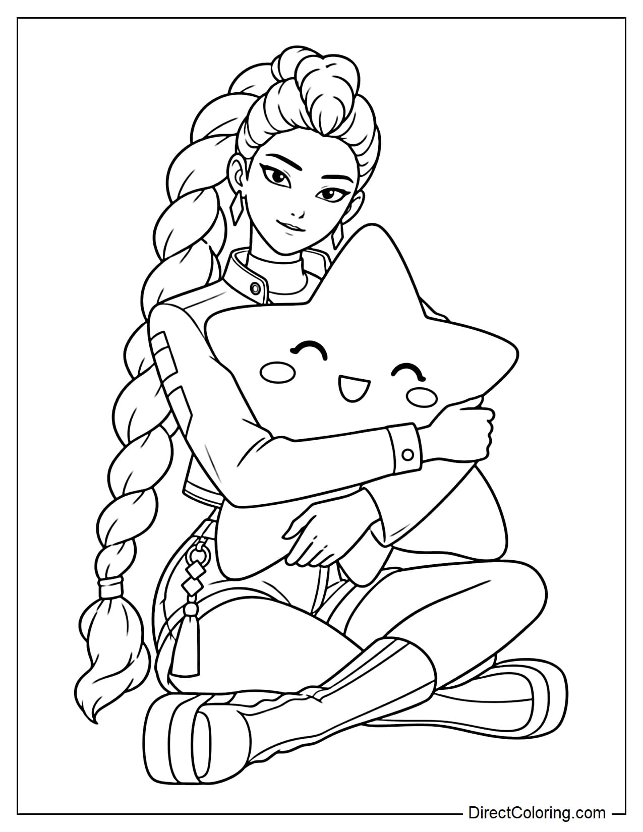 Rumi is sitting comfortably while gently hugging a large star-shaped pillow in front of her. Her signature long braid falls naturally to one side.