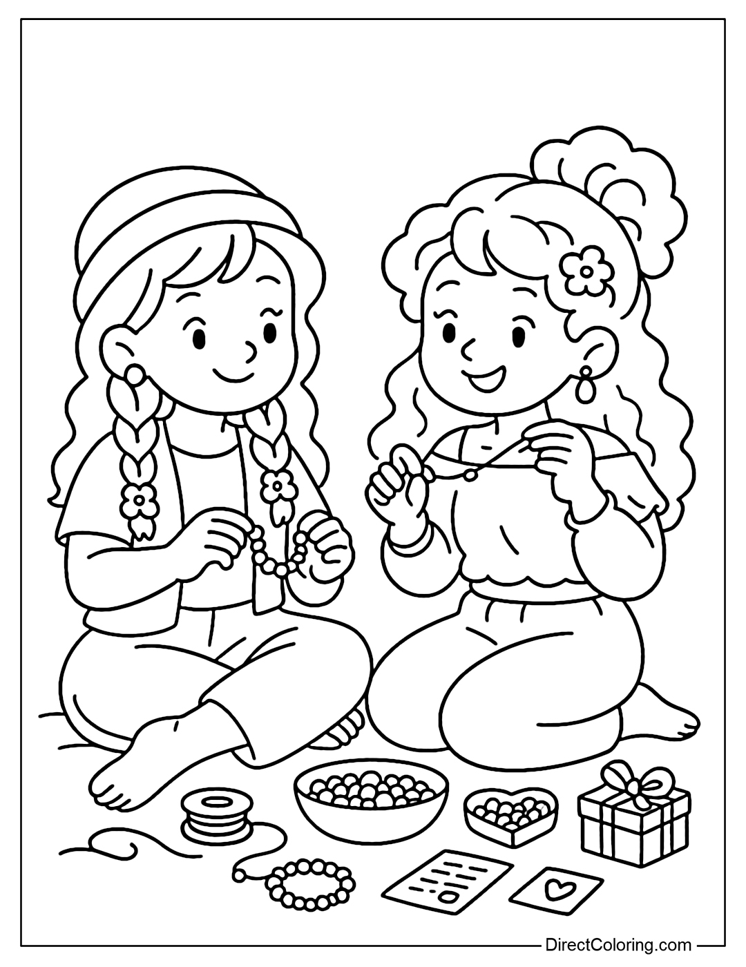 A coloring page of two girls making bracelets, with colored strings, beads and a small gift box.