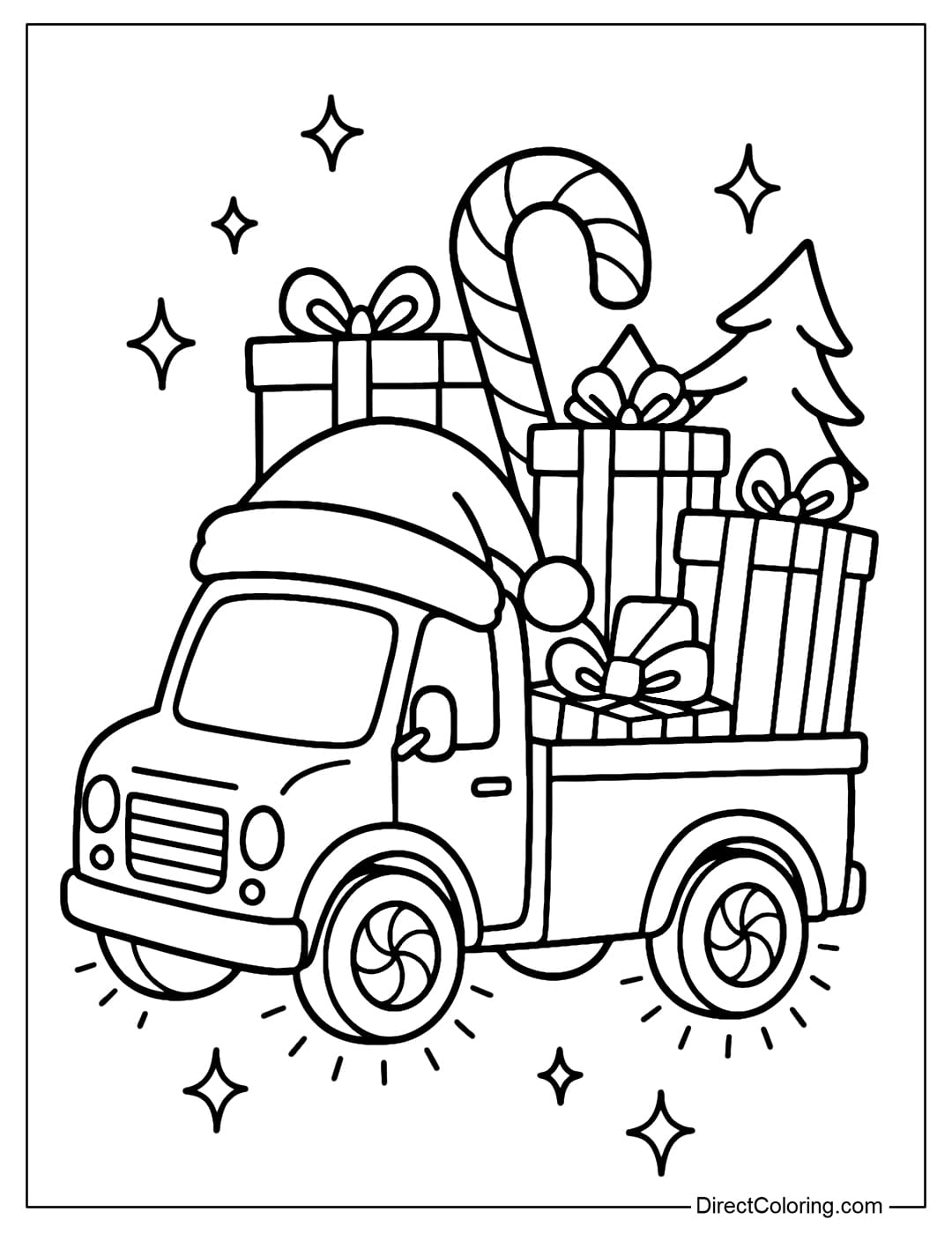 Coloring page Red truck loaded with gifts, candy canes and a small pine tree, the front of the truck is covered with Santa's hat. The wheels are shaped like candy swirls.