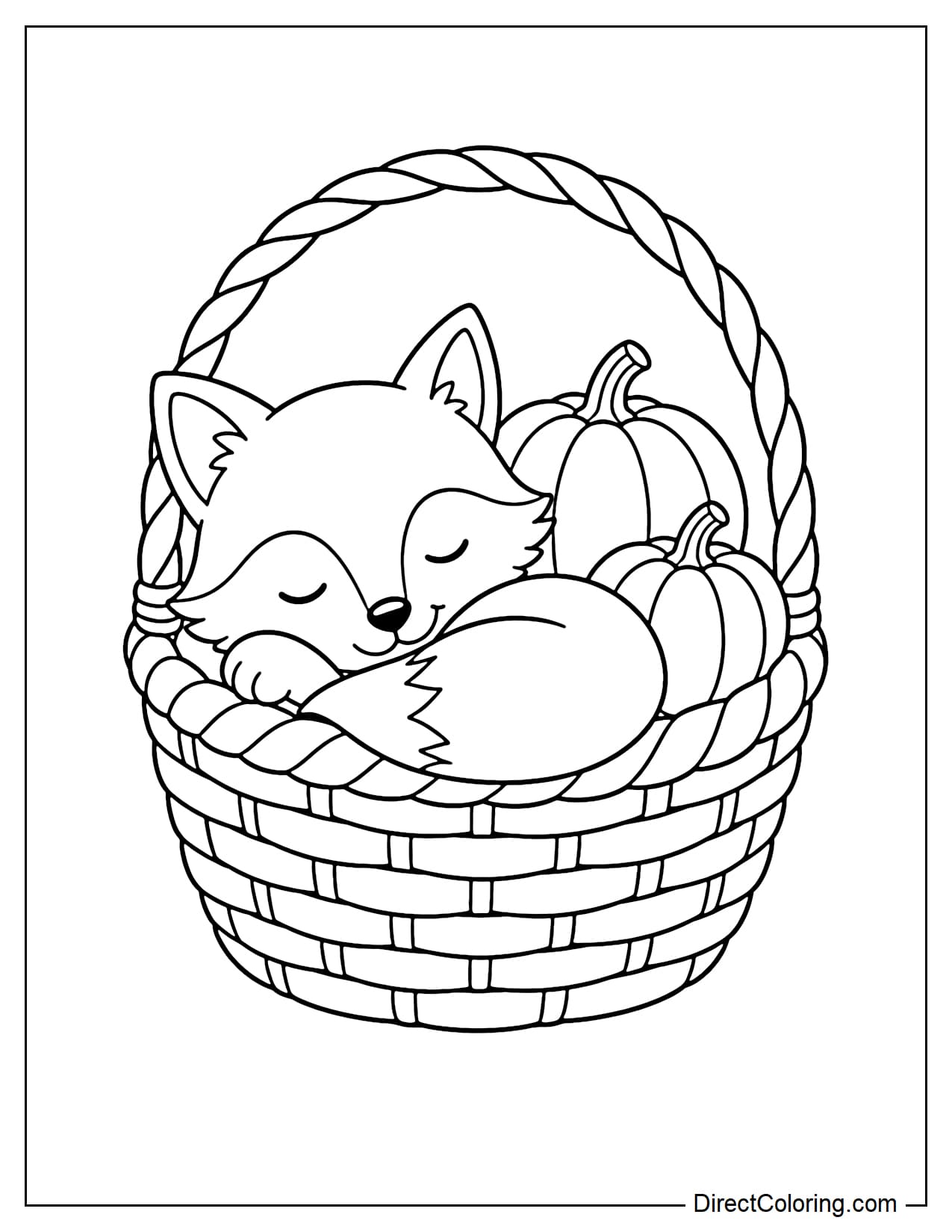 A small fox sleeps curled up inside a large basket with two pumpkins, its fluffy tail wrapped gently around its body.