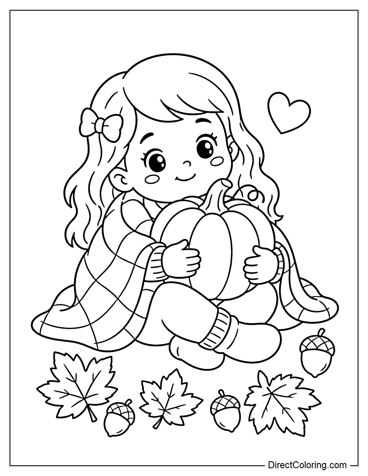 A little girl sits on the ground wrapped in a small blanket, cuddling a large pumpkin close to her, with a few maple leaves and acorns nearby.
