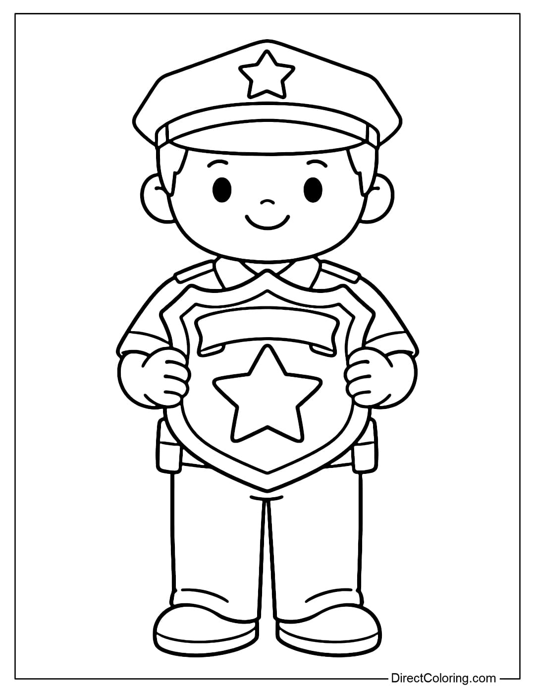 Coloring page of a police officer holding a large badge on his chest, with a clear shape.