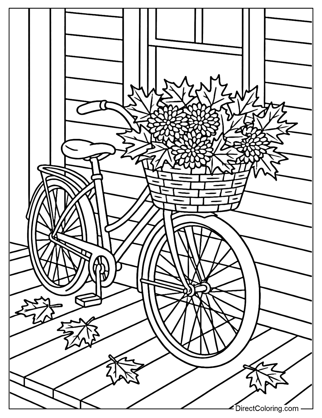 Coloring page of antique bicycle with basket full of maple leaves and daisies, leaning on the porch.