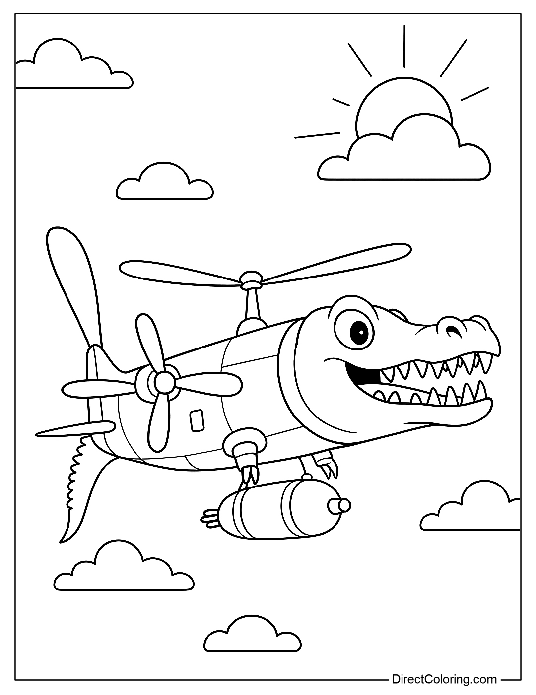 Bombardiro Crocodilo coloring page flies in the gentle sunset sky, with some sunbeams and big clouds, easy to color