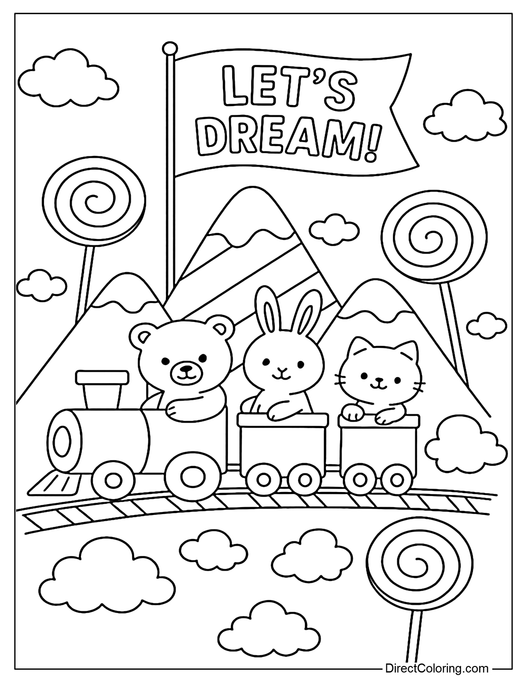 Coloring page of a train carrying a stuffed animal friend through a candy mountain, with the flag saying 