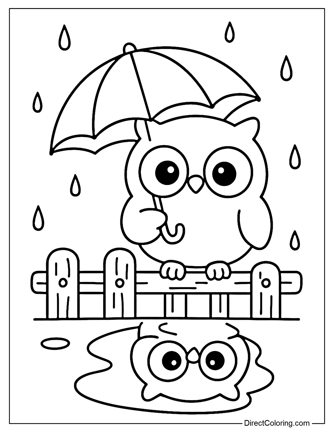 A little owl coloring page wearing a raincoat or umbrella, sitting on a wooden fence in a light rain, surrounded by a few raindrops and a puddle reflecting the owl.