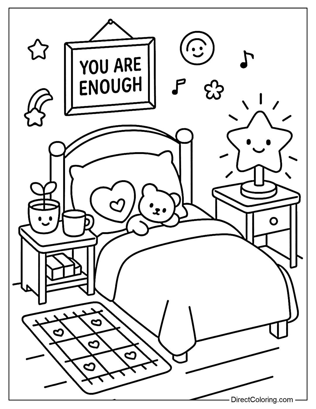 Coloring page of a small bedroom with pillows, night lights, and wall hangings with the words You Are Enough.