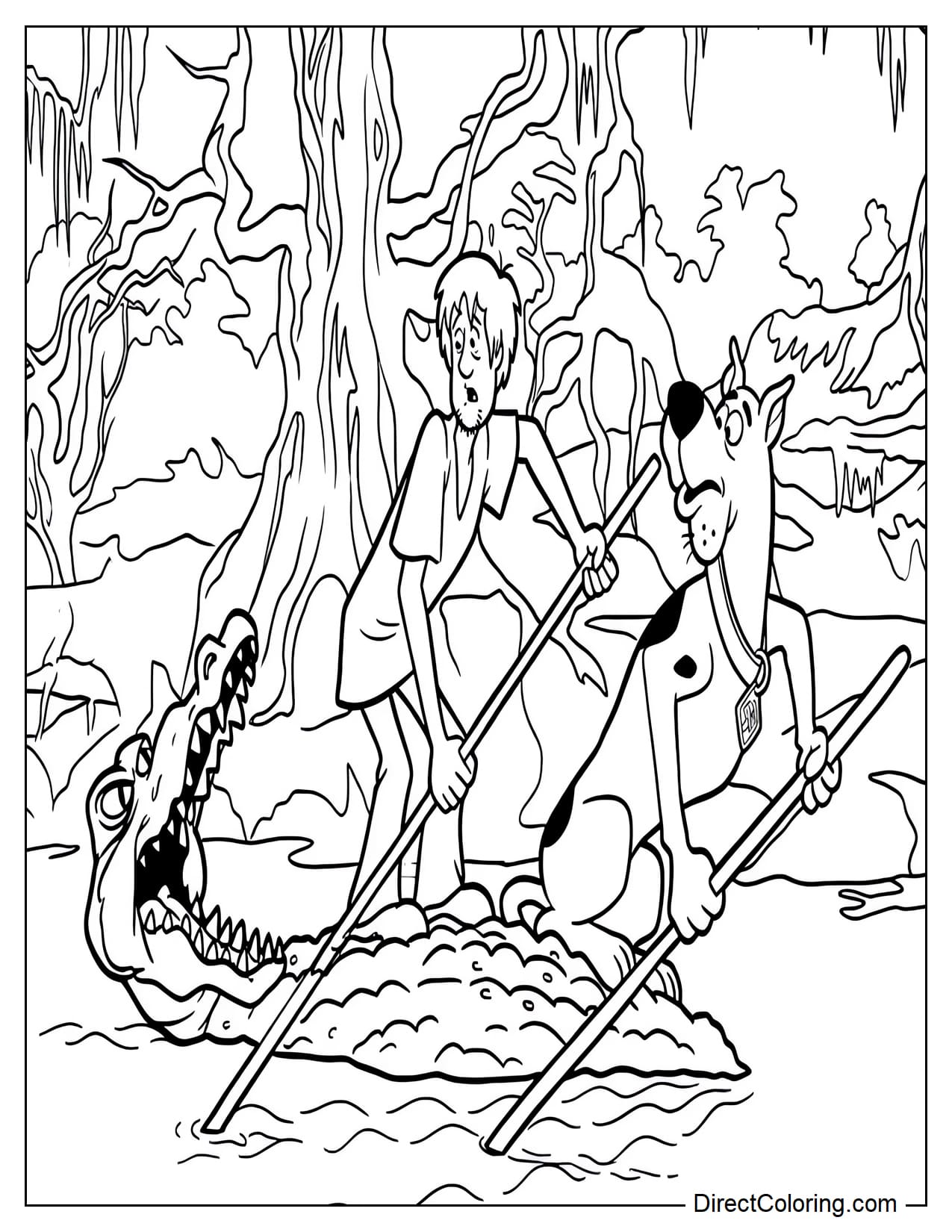 Scooby-Doo and Shaggy are exploring a mysterious swamp, holding paddles while standing on the back of a crocodile with worried but funny expressions. The scene includes old trees and a cave around them.