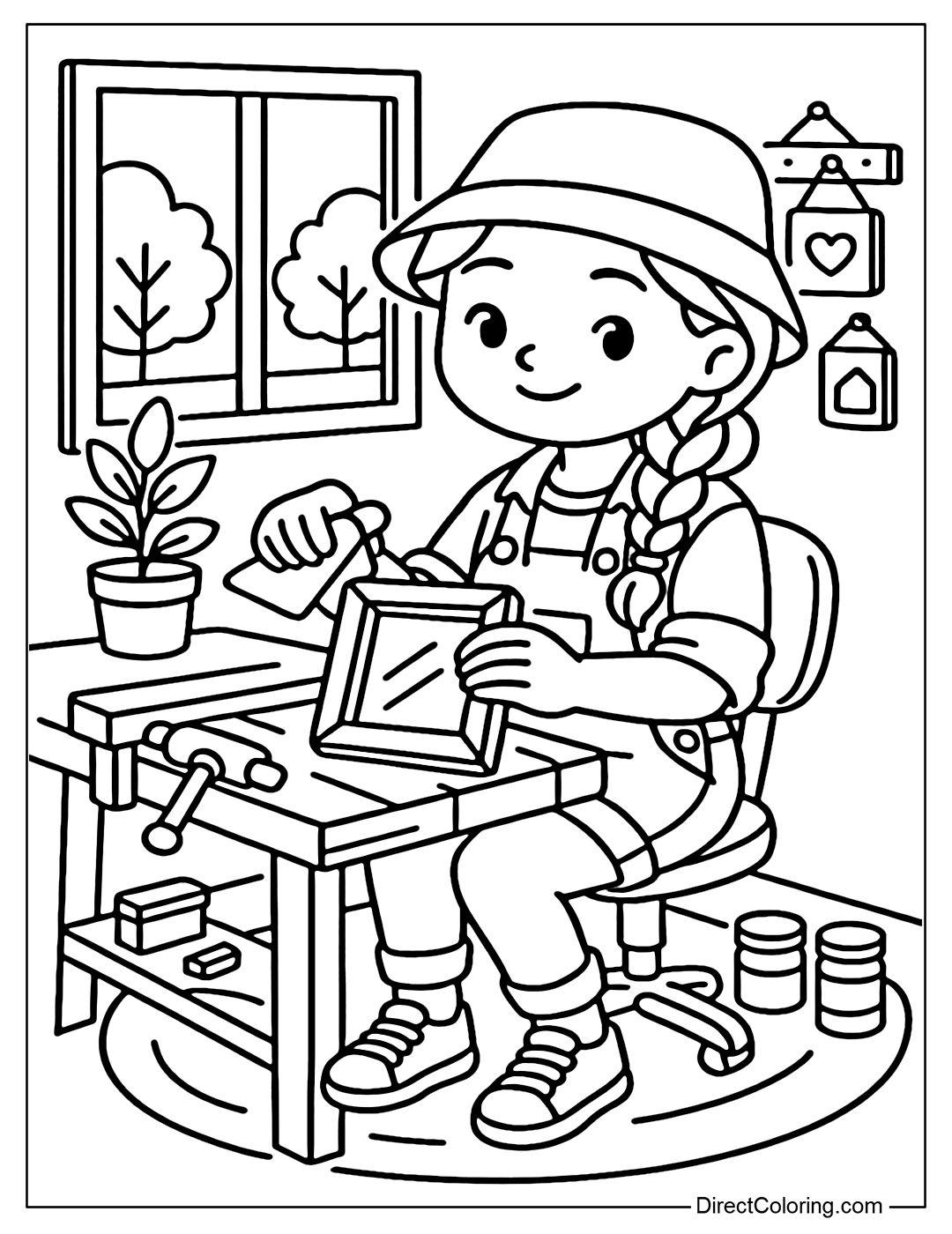 A coloring page of a girl sanding a handmade wooden photo frame in a creative little corner of woodworking.