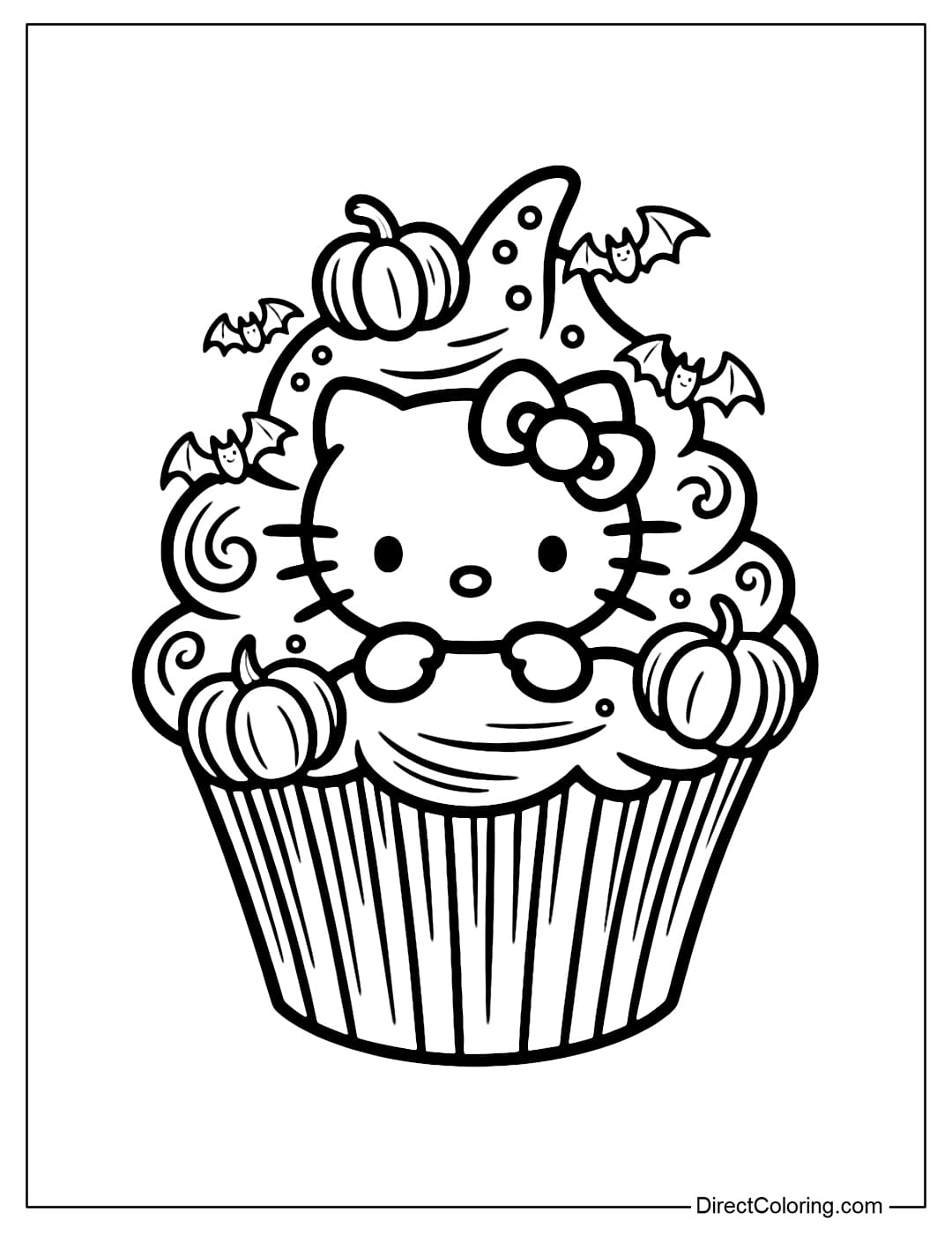 Hello Kitty coloring page coming out of a Halloween cupcake, with pumpkins and small bats on the cake.
