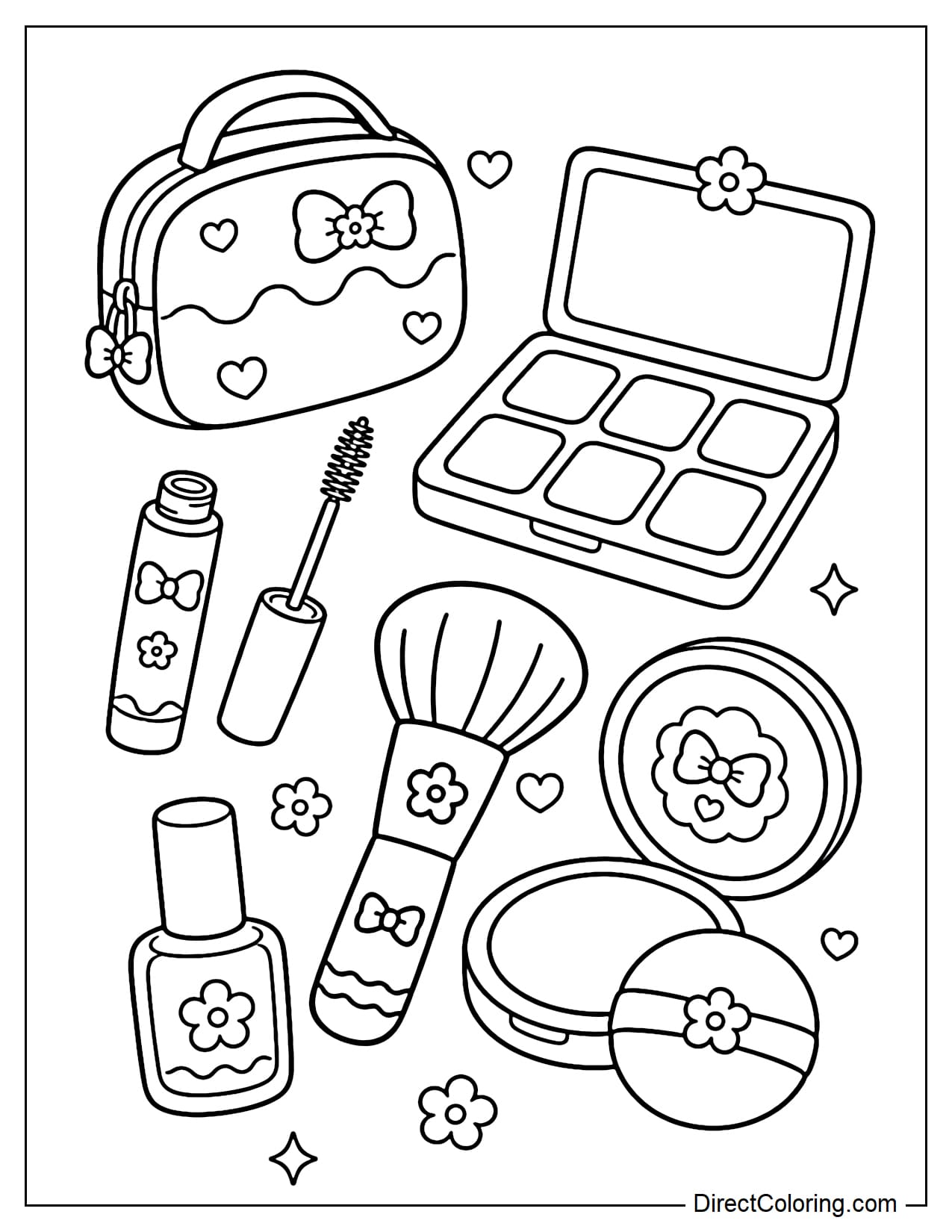A makeup set featuring six commonly used items: a small makeup bag, eyeshadow palette, mascara wand, large round makeup brush, compact with a powder puff, and nail polish bottle.