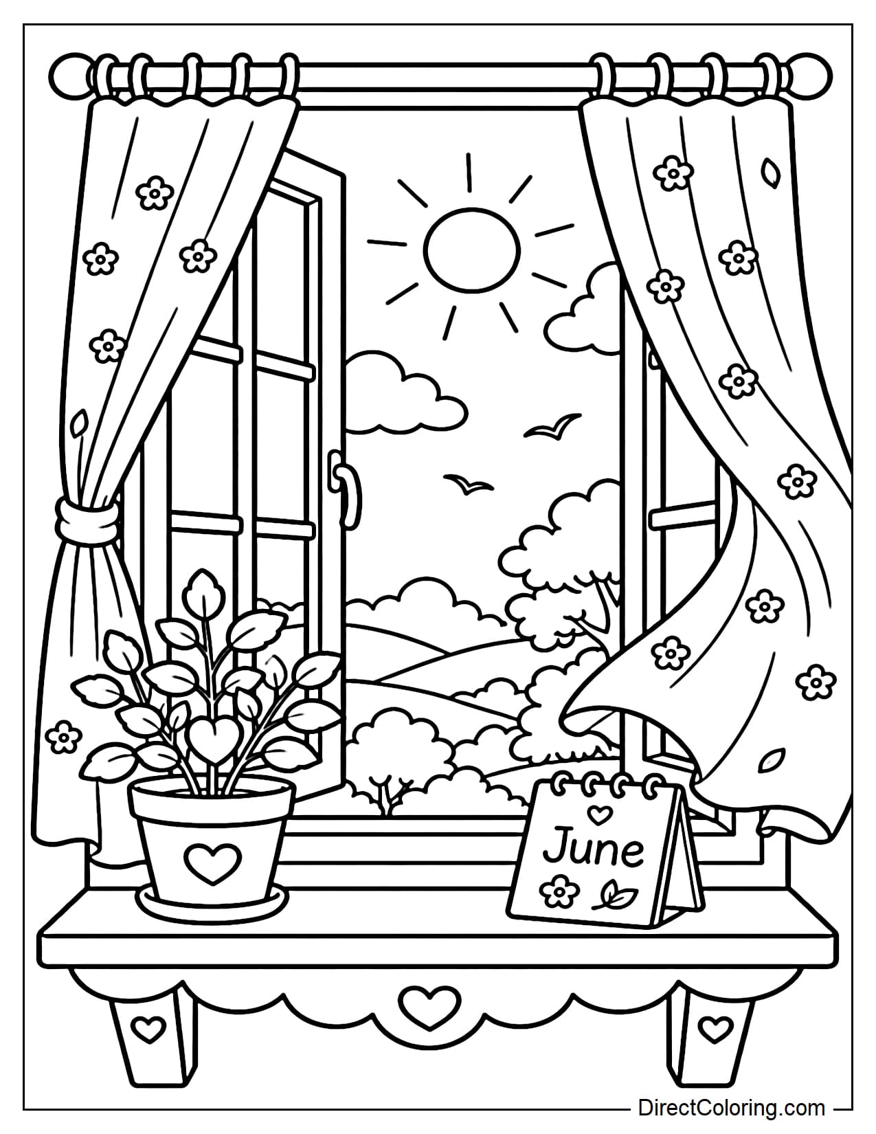 A June morning window scene with gently flowing curtains, sunlight streaming in, and a small potted plant on the windowsill.