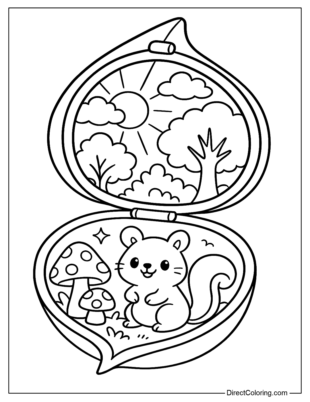 A coloring page of a leaf compact that opens to a small forest with trees, mushrooms, squirrels and light filtering through the foliage