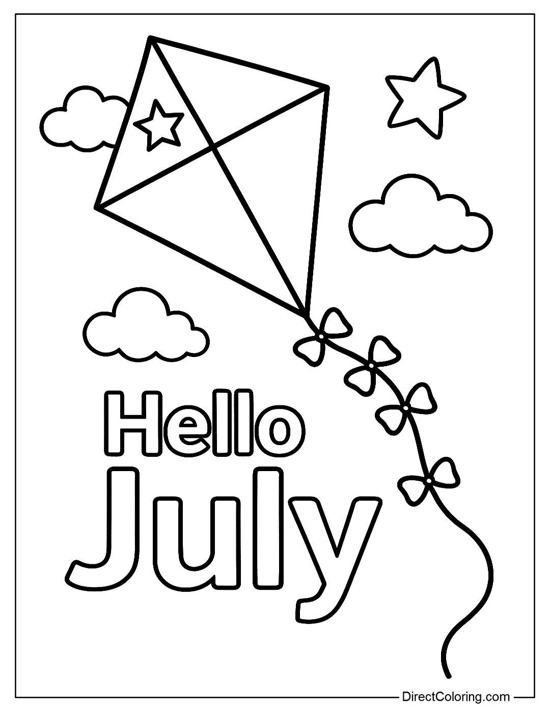 A kite coloring page flying in the sky with a star and the words 