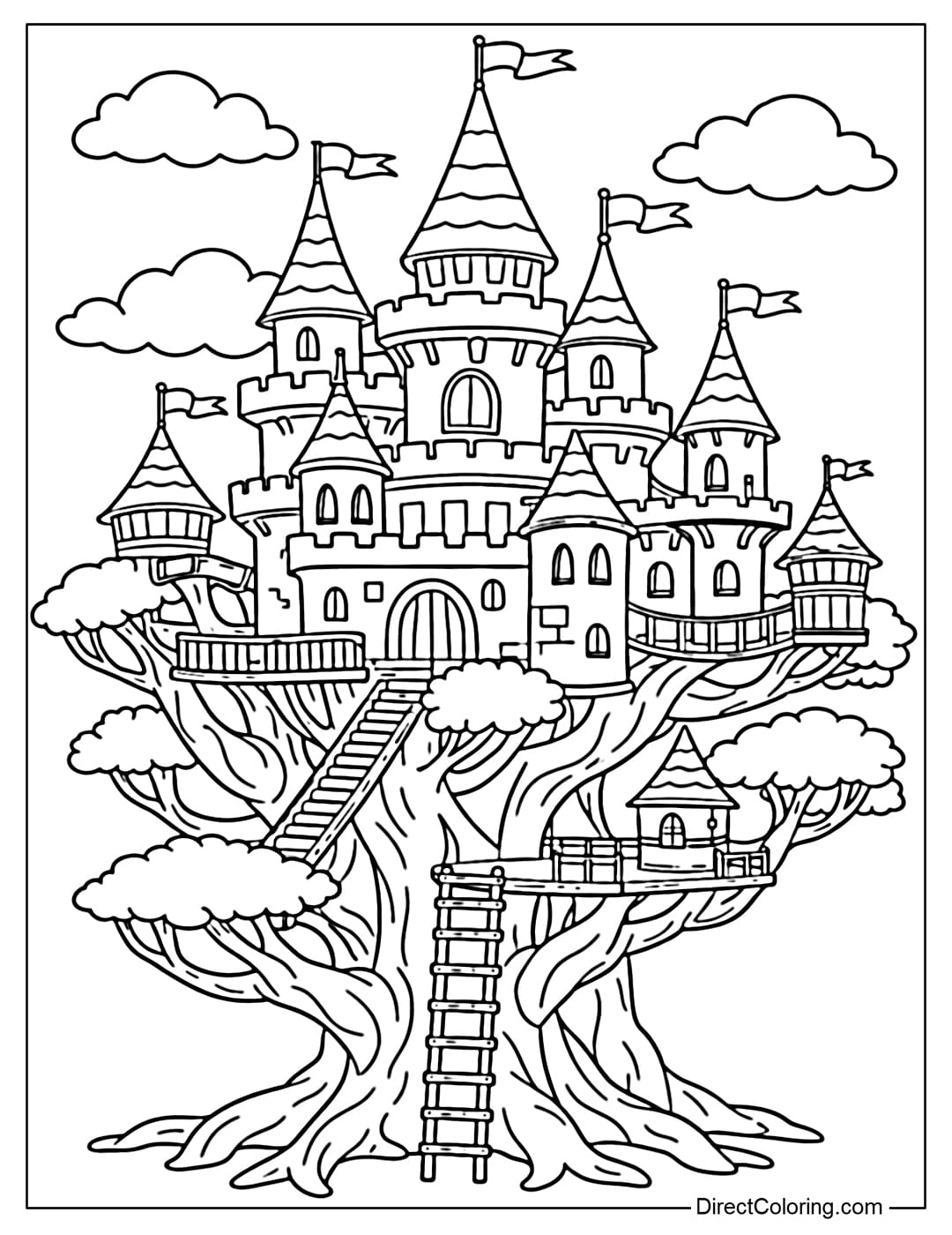 A coloring page of a fantastic castle perched on large tree branches like a treehouse.