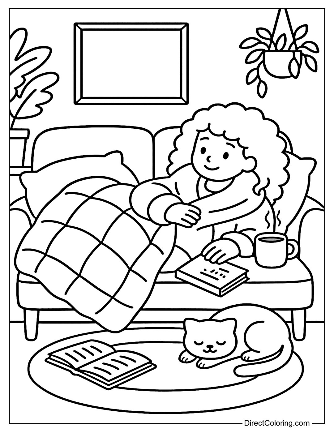 Coloring page A curly-haired girl is lying on the sofa, curled up in a soft cotton blanket, next to her is a cup of hot cocoa and an unfinished book.