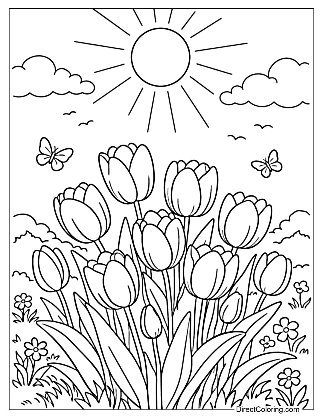 A coloring page of tulips under gentle sunlight, creating a warm and positive atmosphere.
