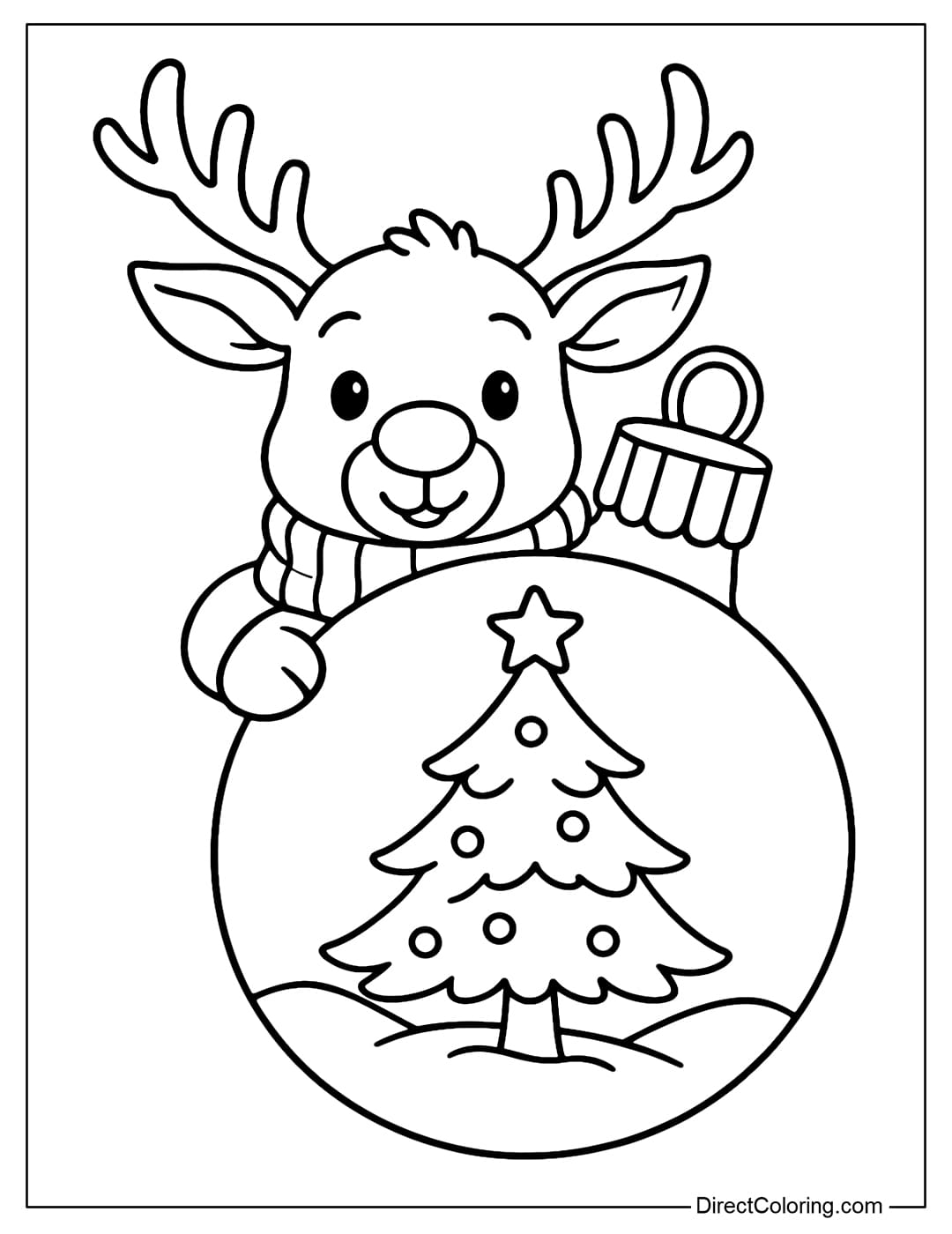 A bauble coloring page with a Christmas tree and a red-nosed reindeer. The reindeer hides on the bauble, and there is a Christmas tree inside the bauble.